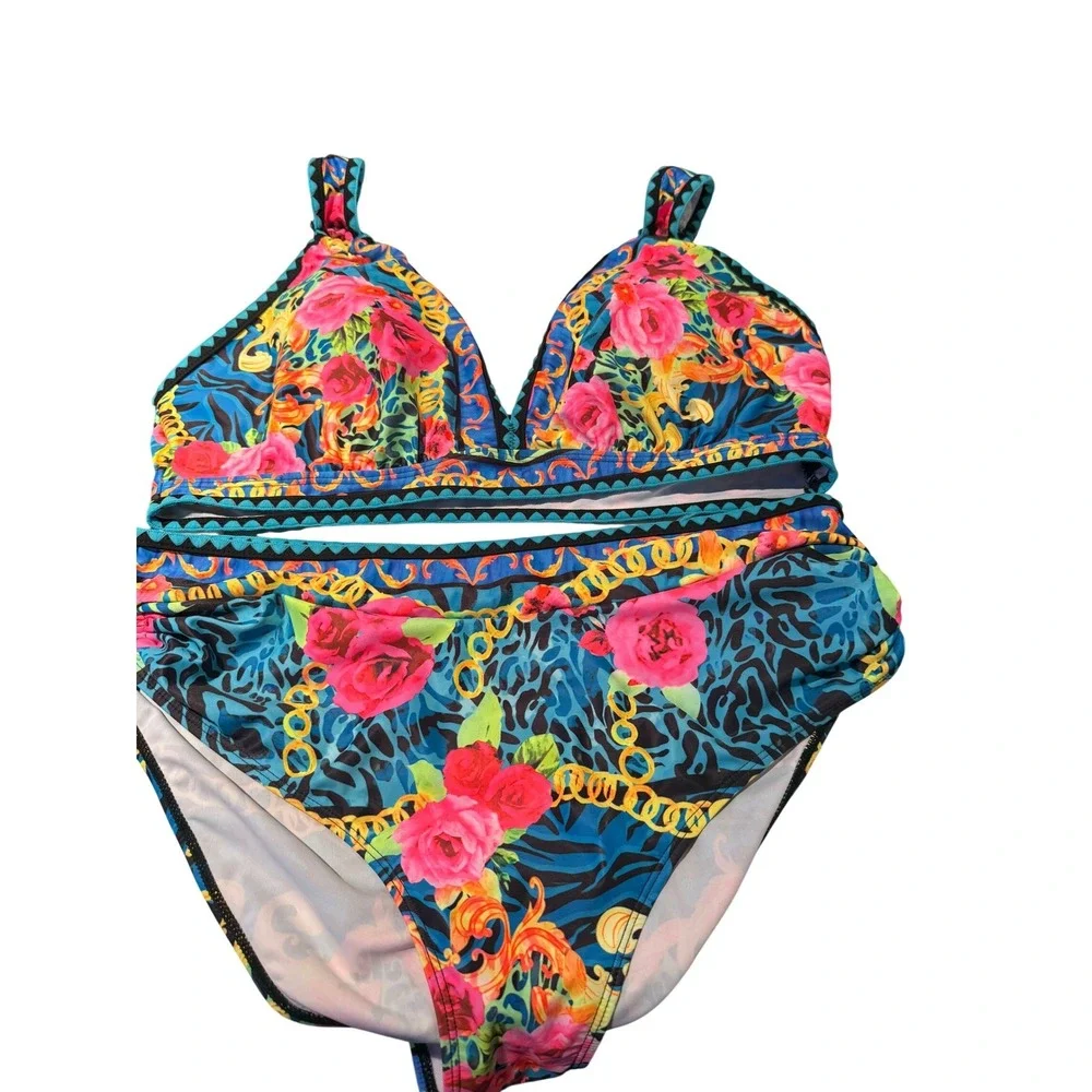 High Waisted Bikini XL Embroidered Versace-style Kono‎ Kalakaua Hawaii 5-0